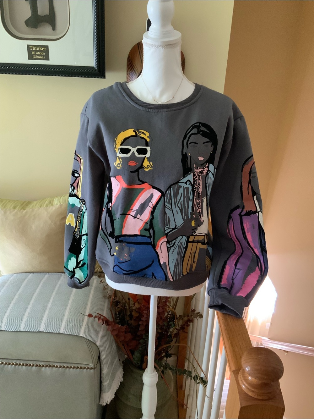 NWOT- Gray Crewneck Sweatshirt with Multicolor Fashion Illustration